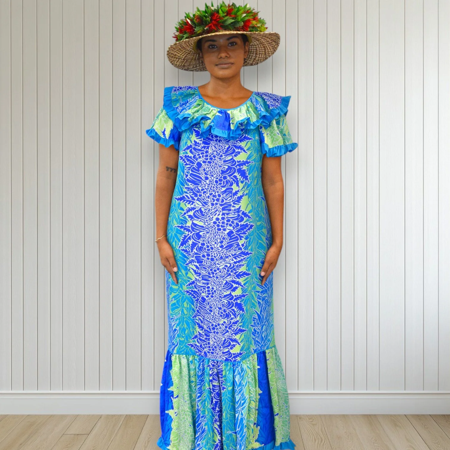 Mint Green High Neck Muumuu with Hibiscus Print 8221